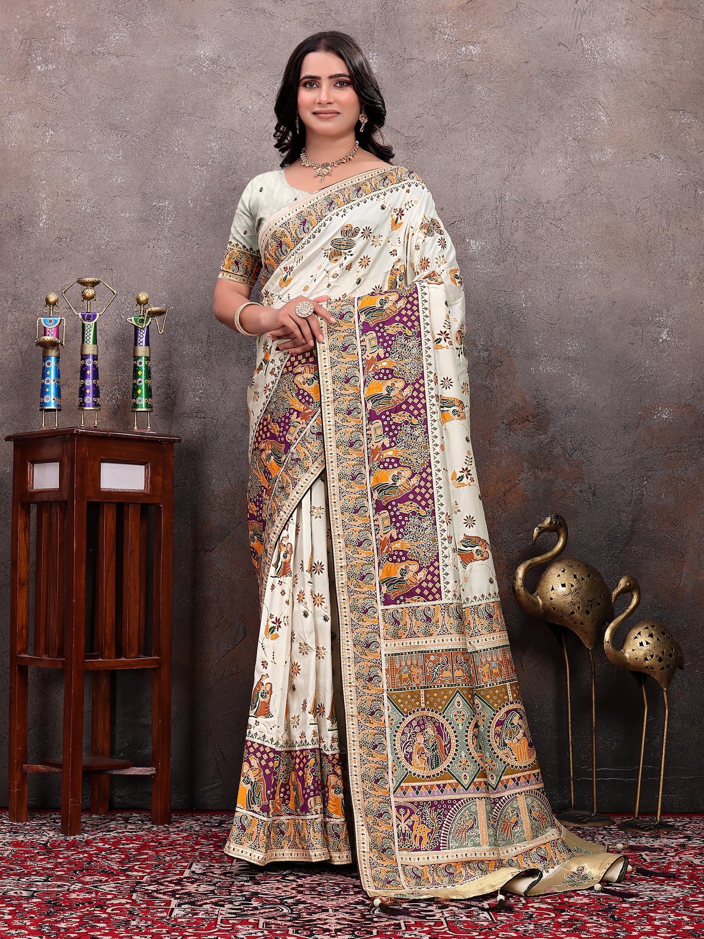 Cream Purple Pichwai Pashmina Saree