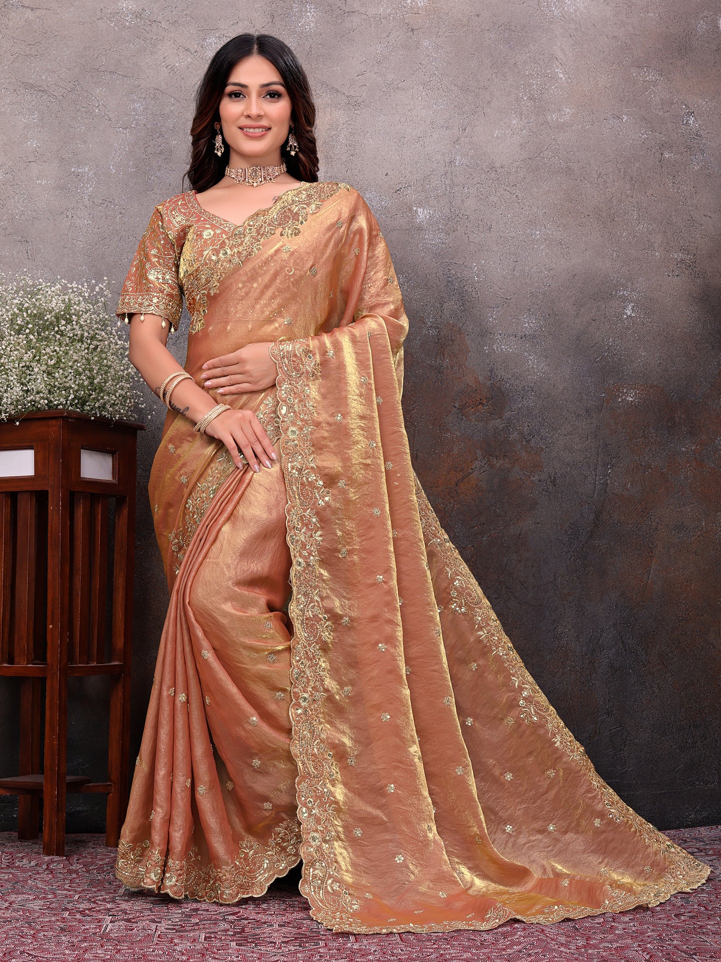 Peach Gold Tissue Embroidered Saree