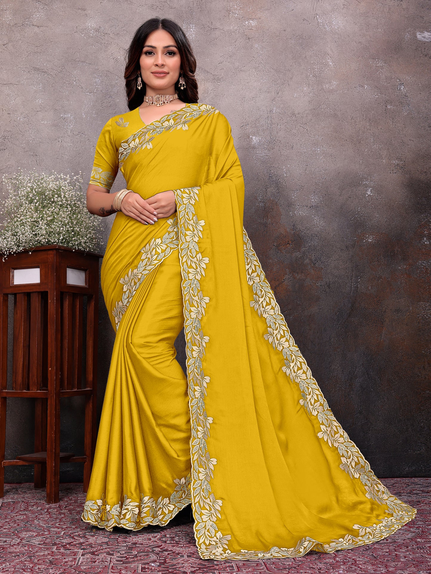 Yellow Gold Leaf Border Saree
