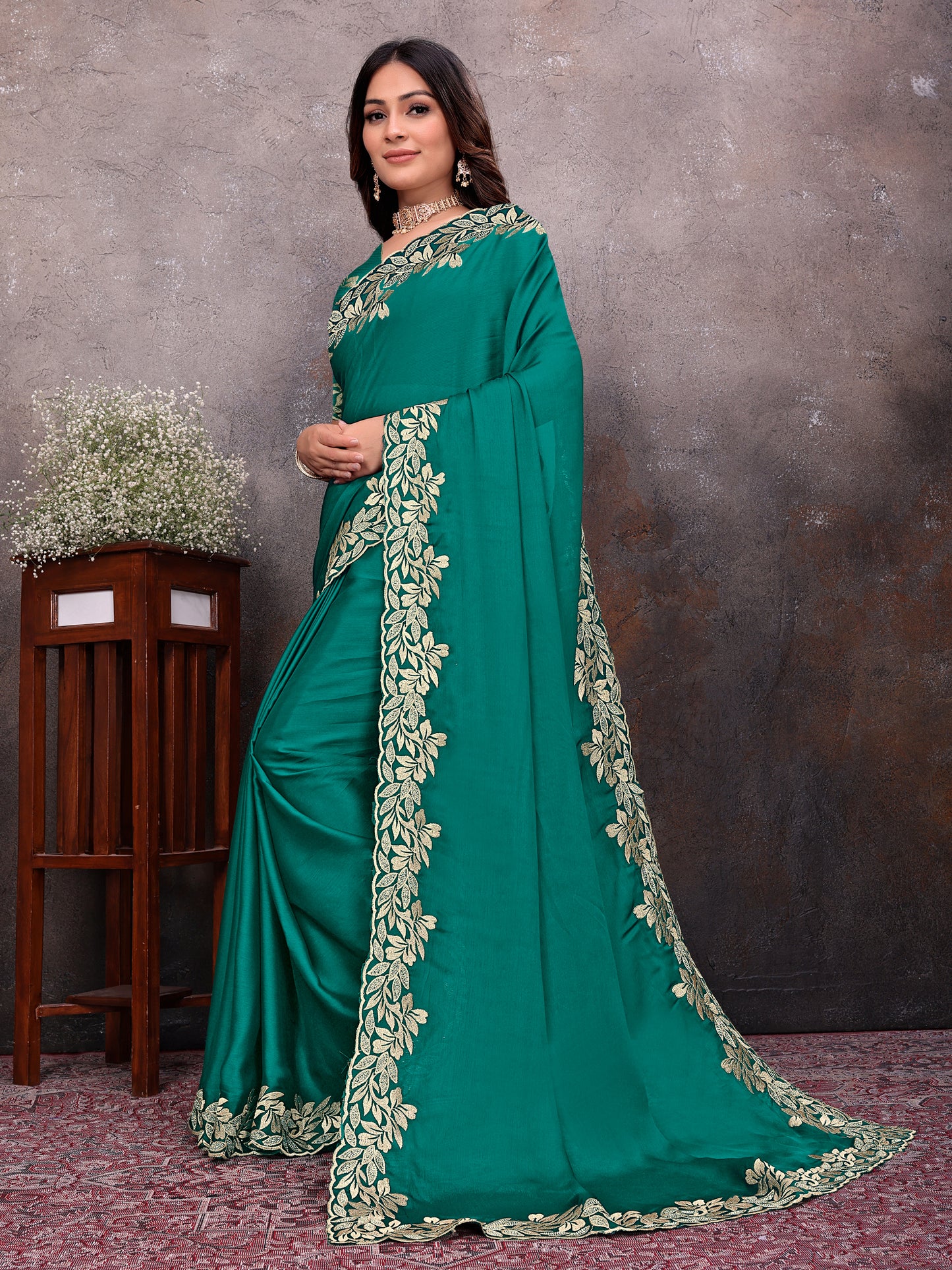 Green Gold Leaf Border Saree