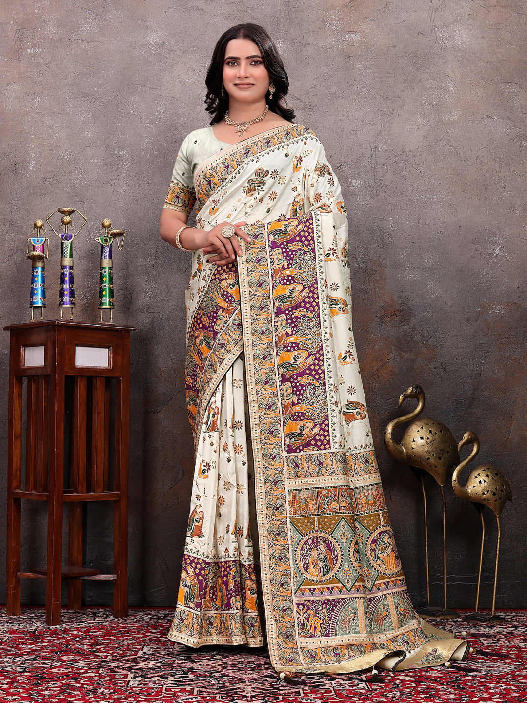 Cream Purple Pichwai Silk Saree