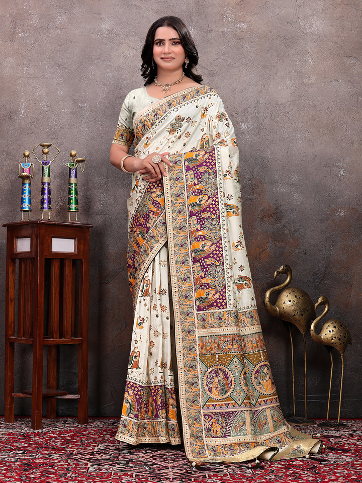 Cream Purple Pichwai Silk Saree