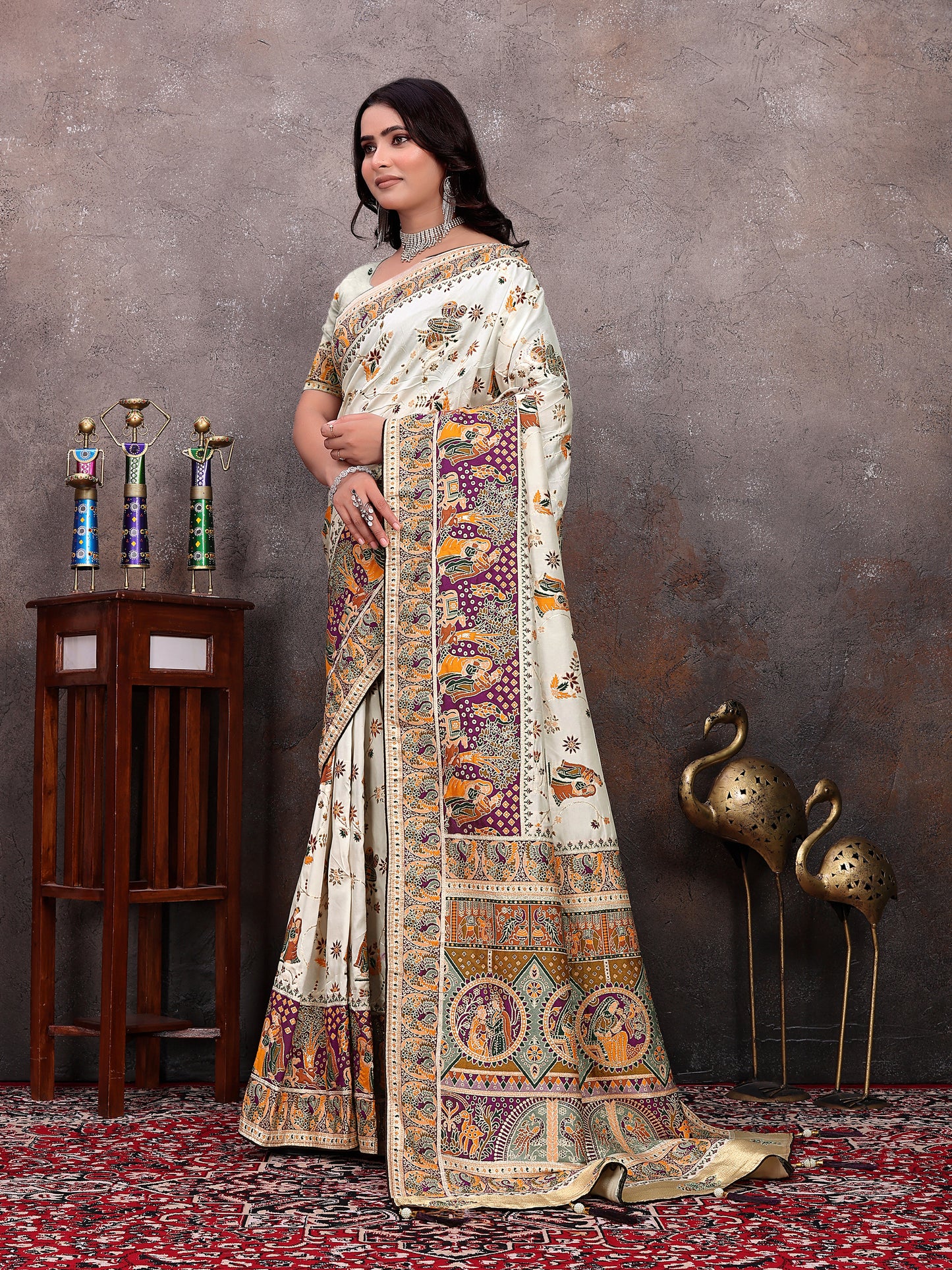 Cream Purple Pichwai Pashmina Saree