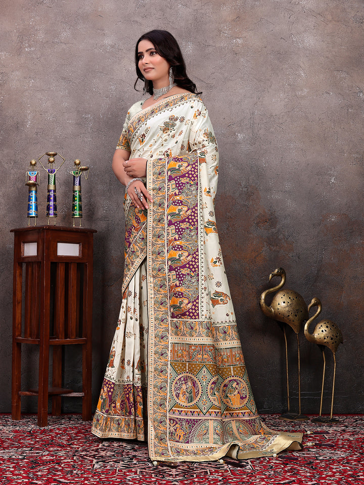 Cream Purple Pichwai Silk Saree