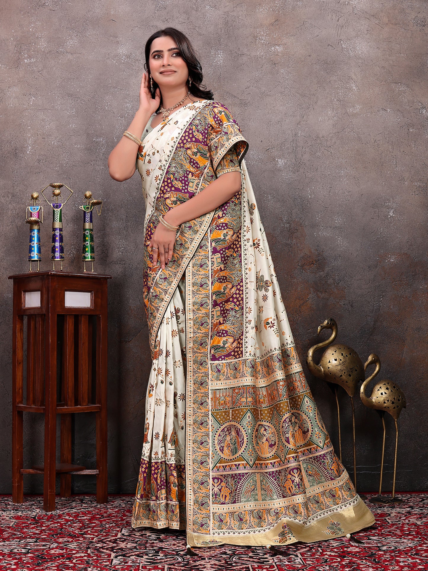 Cream Purple Pichwai Pashmina Saree
