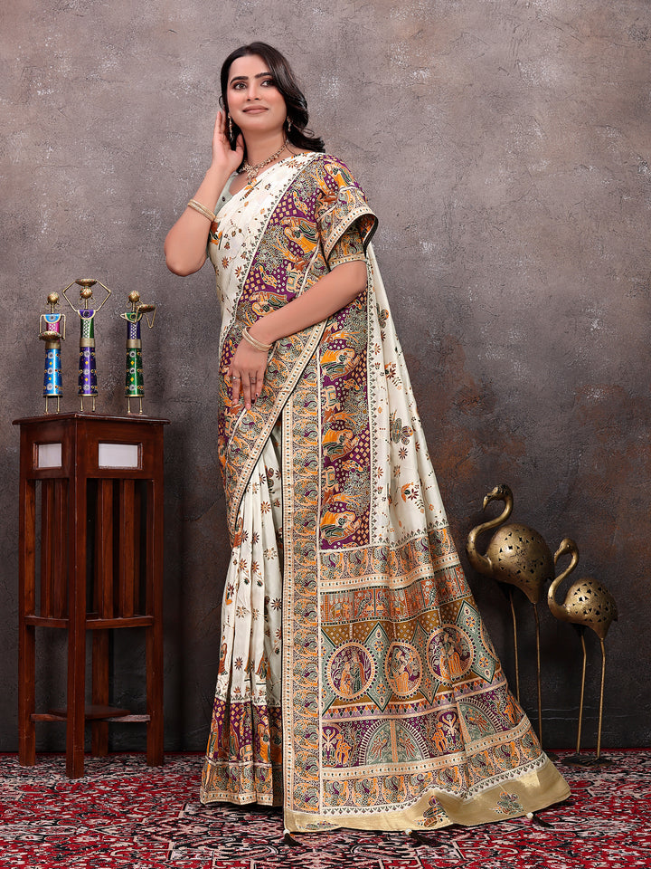 Cream Purple Pichwai Silk Saree