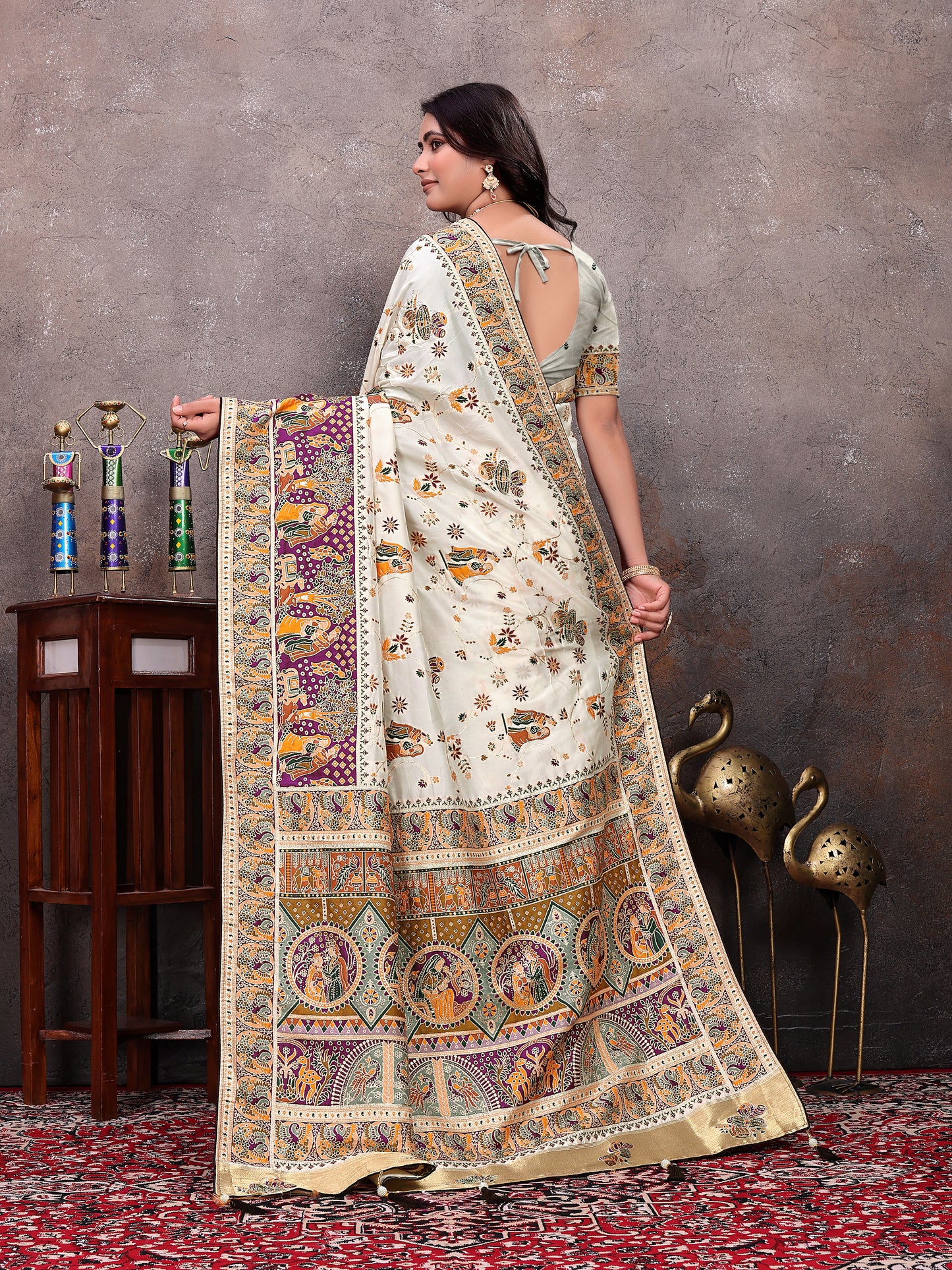Cream Purple Pichwai Pashmina Saree