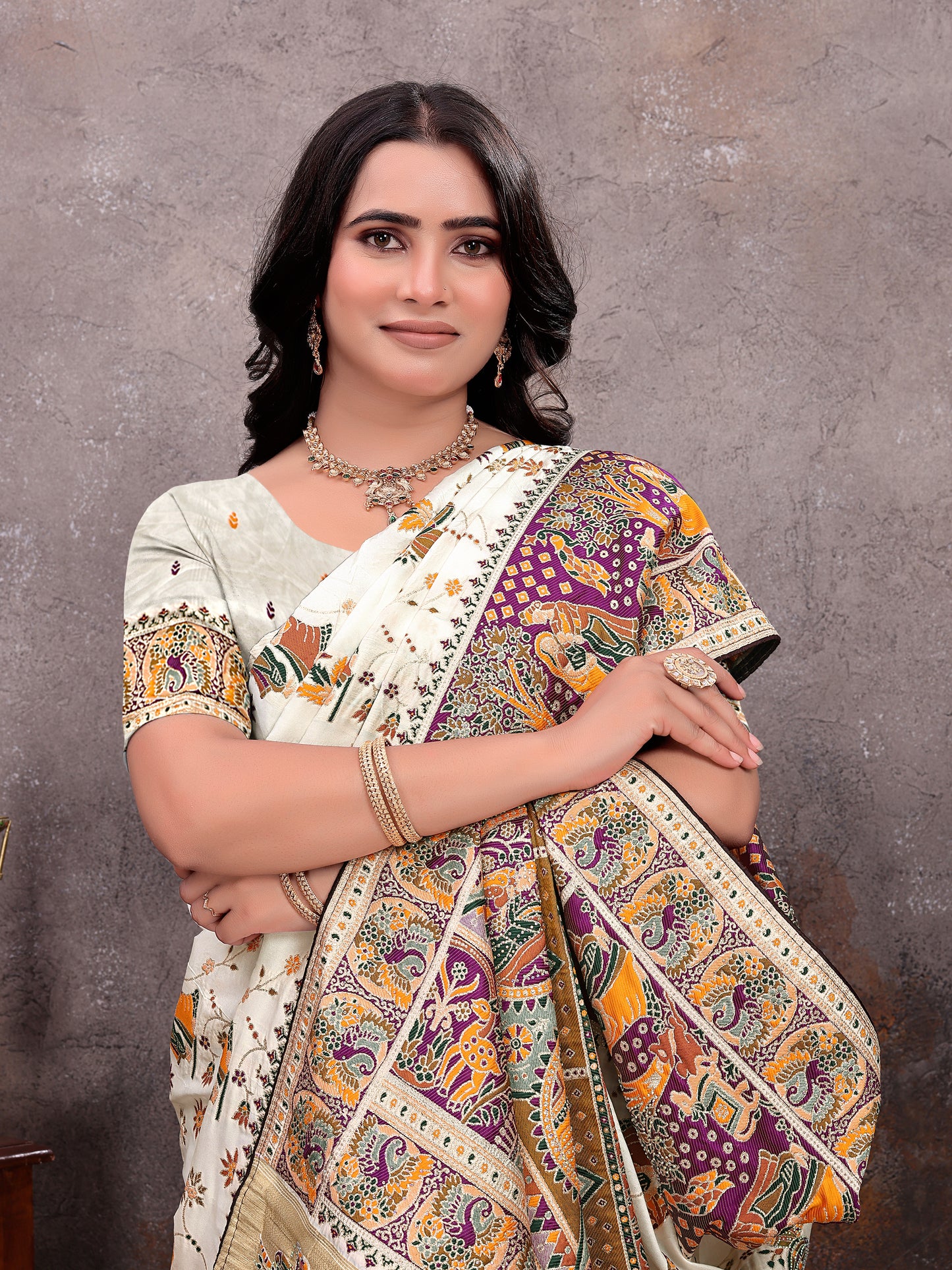 Cream Purple Pichwai Pashmina Saree