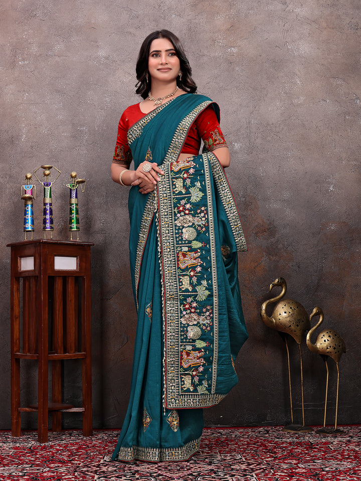 Teal Diamond Motif Silk Saree