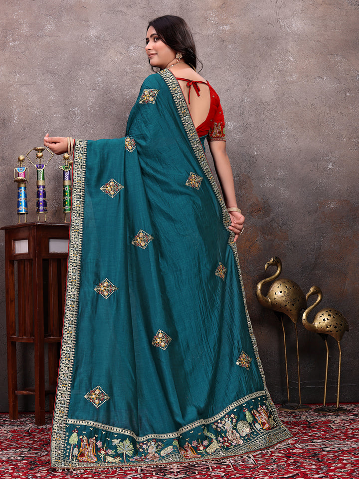 Teal Diamond Motif Silk Saree