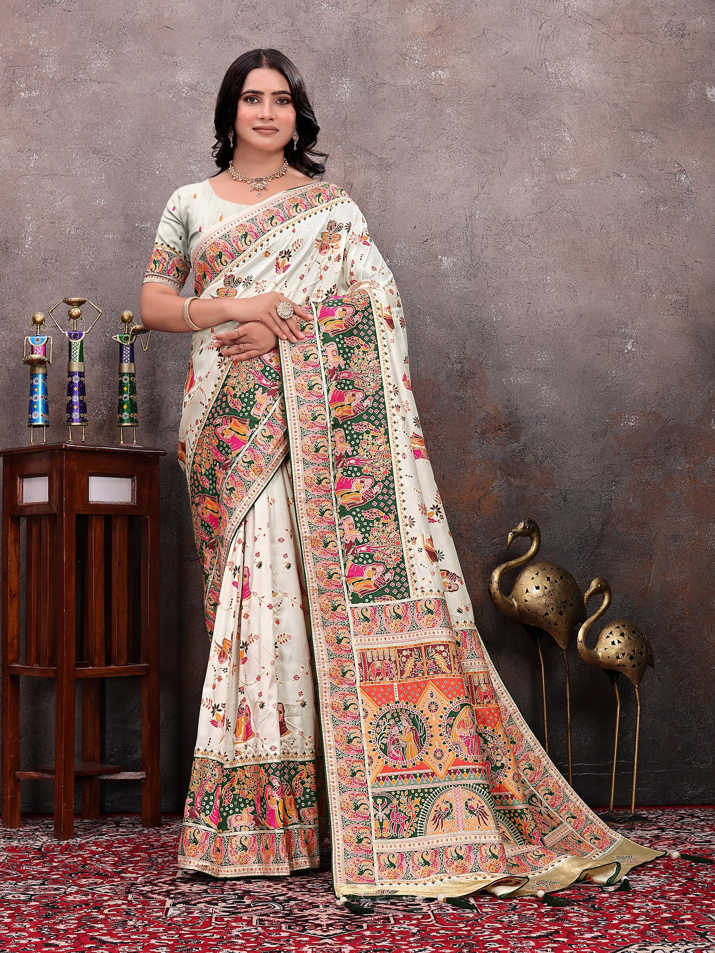 Cream Green Pichwai Printed  Pashmina Saree