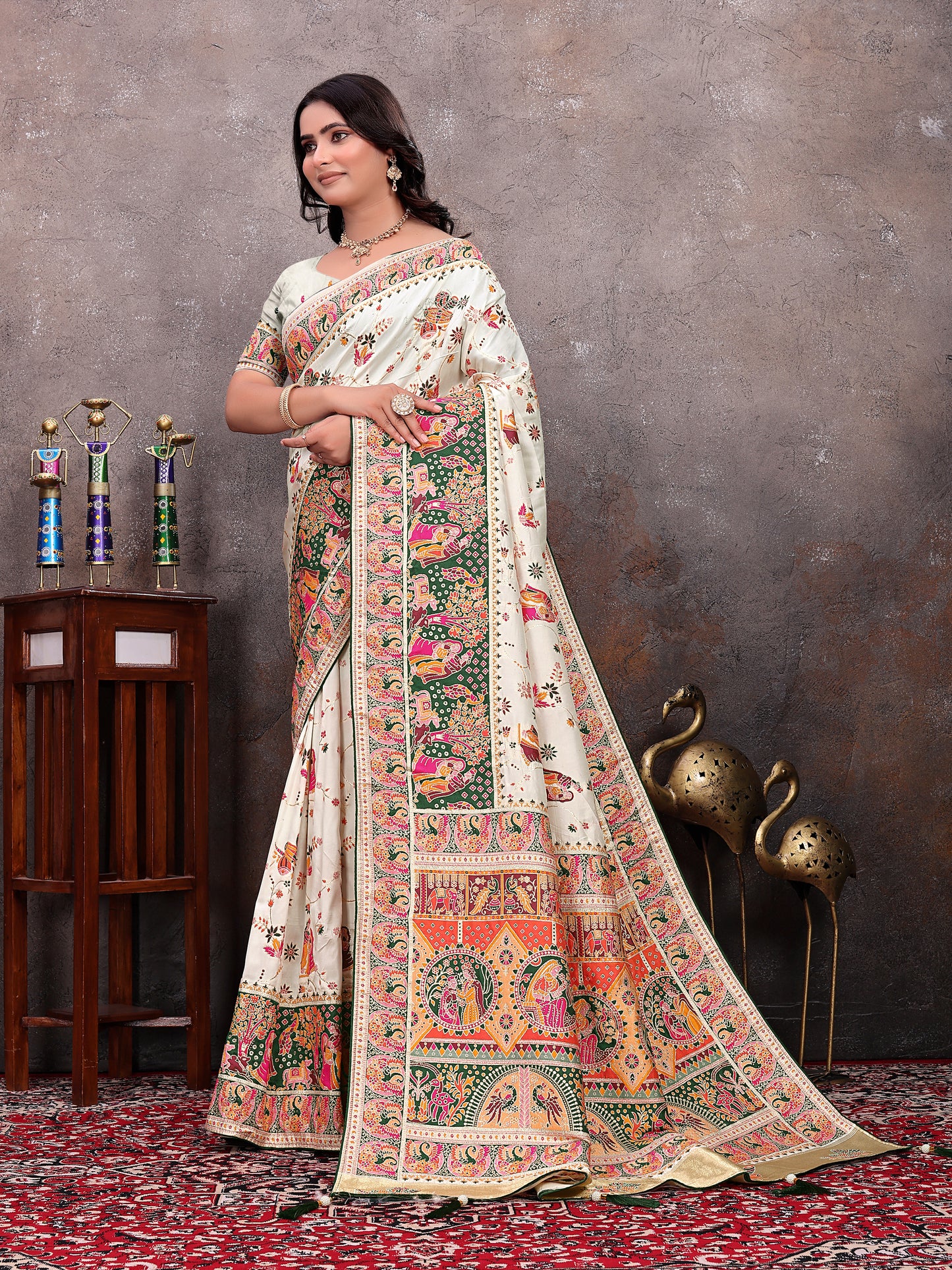Cream Green Pichwai Printed  Pashmina Saree