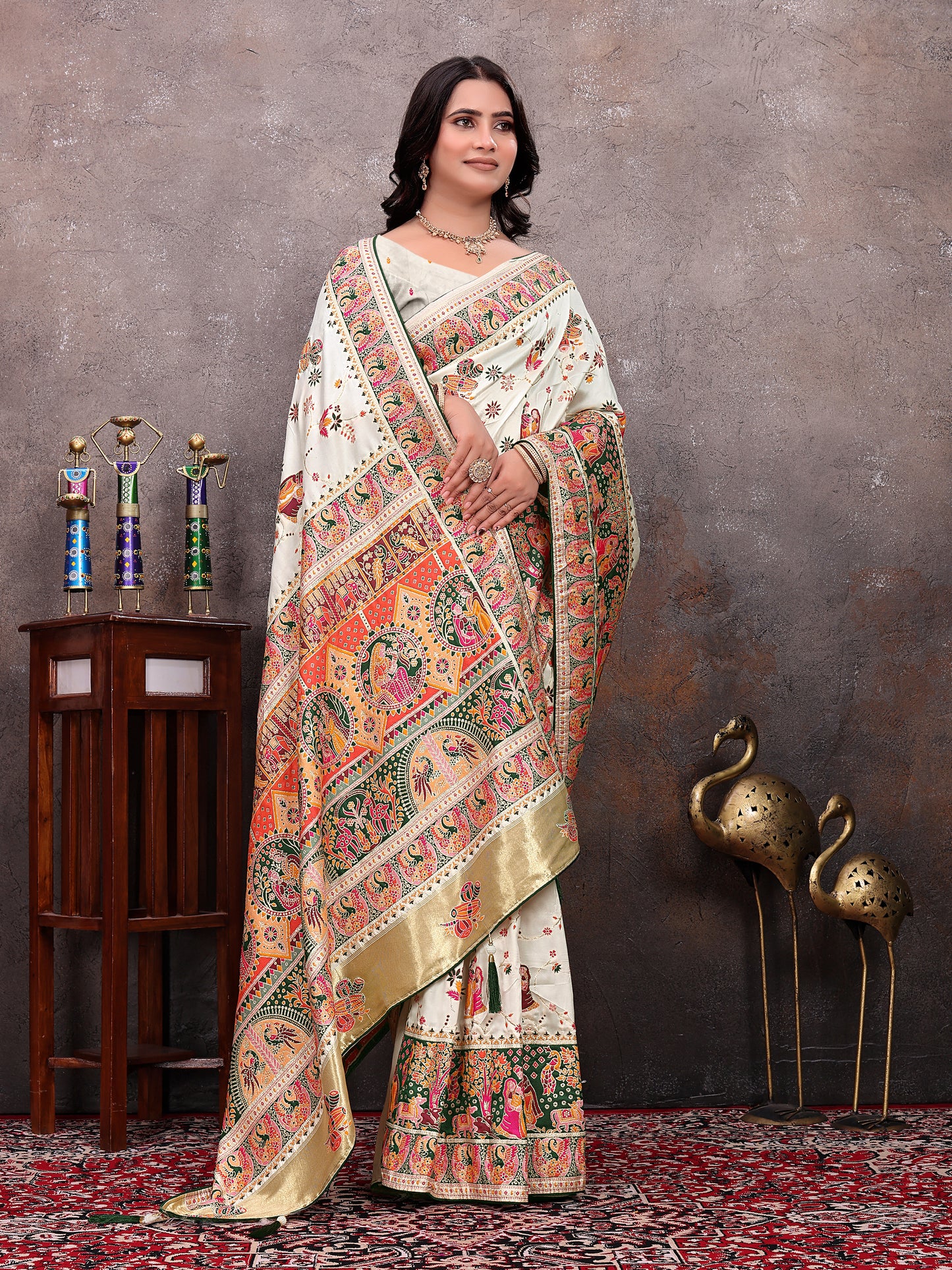Cream Green Pichwai Printed  Pashmina Saree