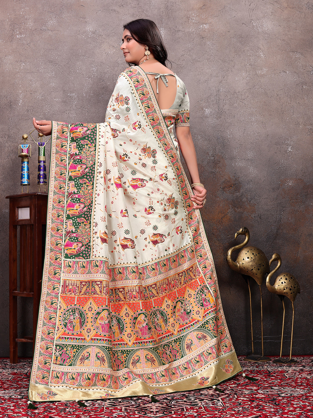 Cream Green Pichwai Printed Saree