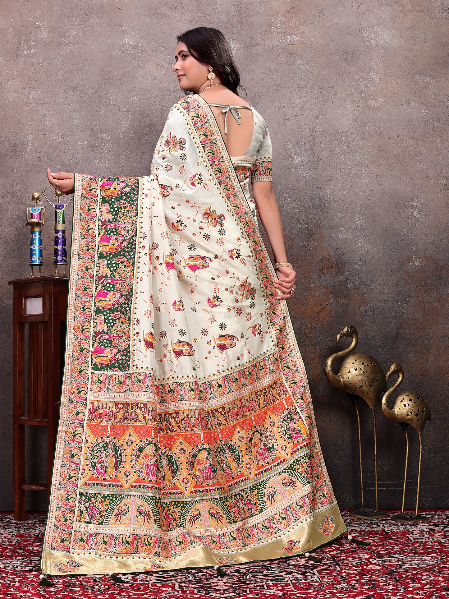 Cream Green Pichwai Printed  Pashmina Saree