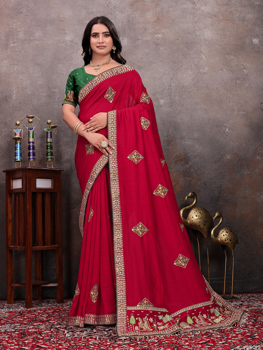 Red Diamond Motif Silk Saree