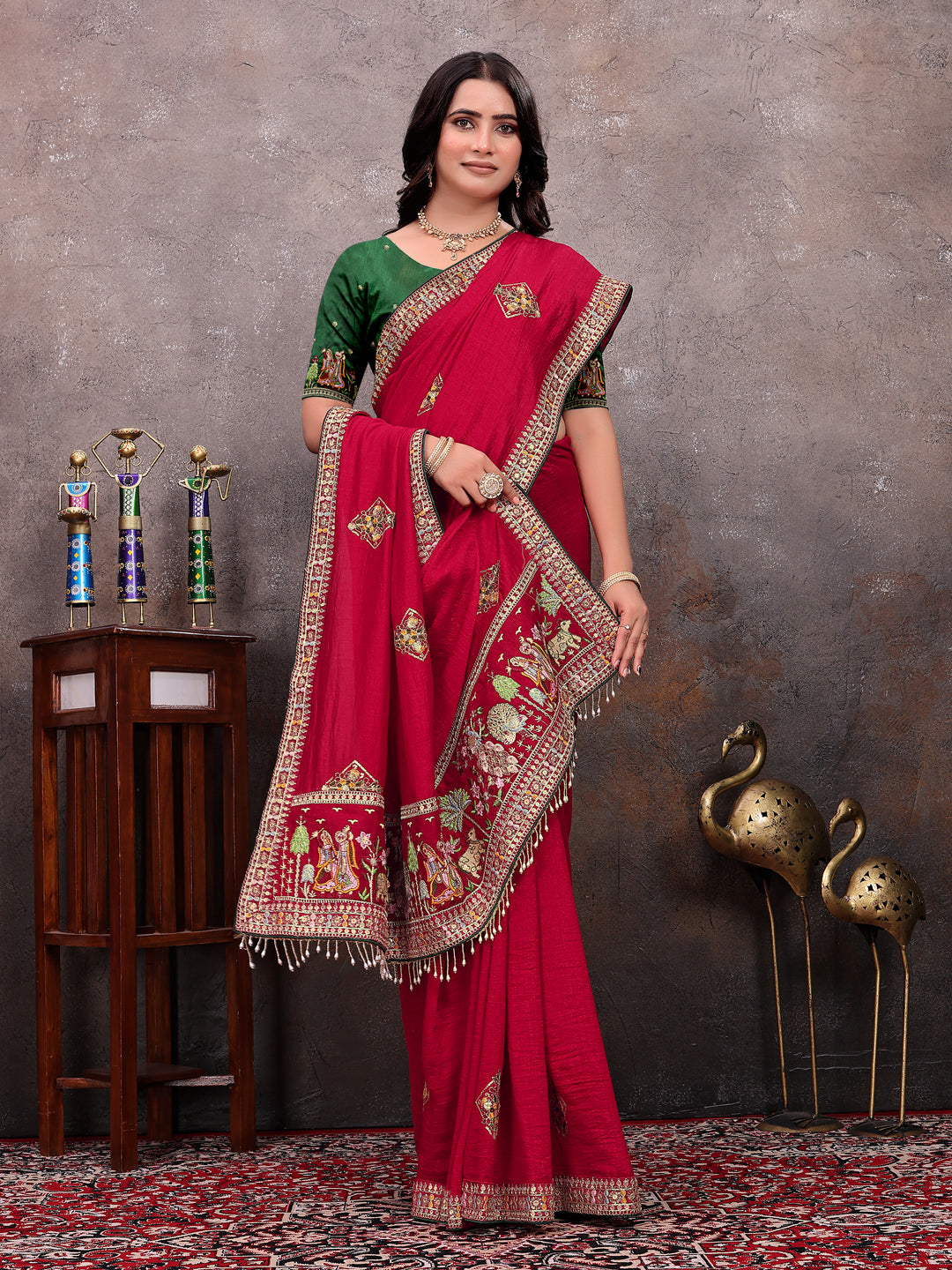 Red Diamond Motif Silk Saree