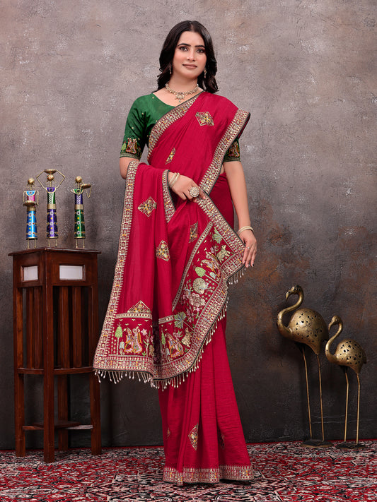 Red Diamond Motif Vichitra Blooming Saree