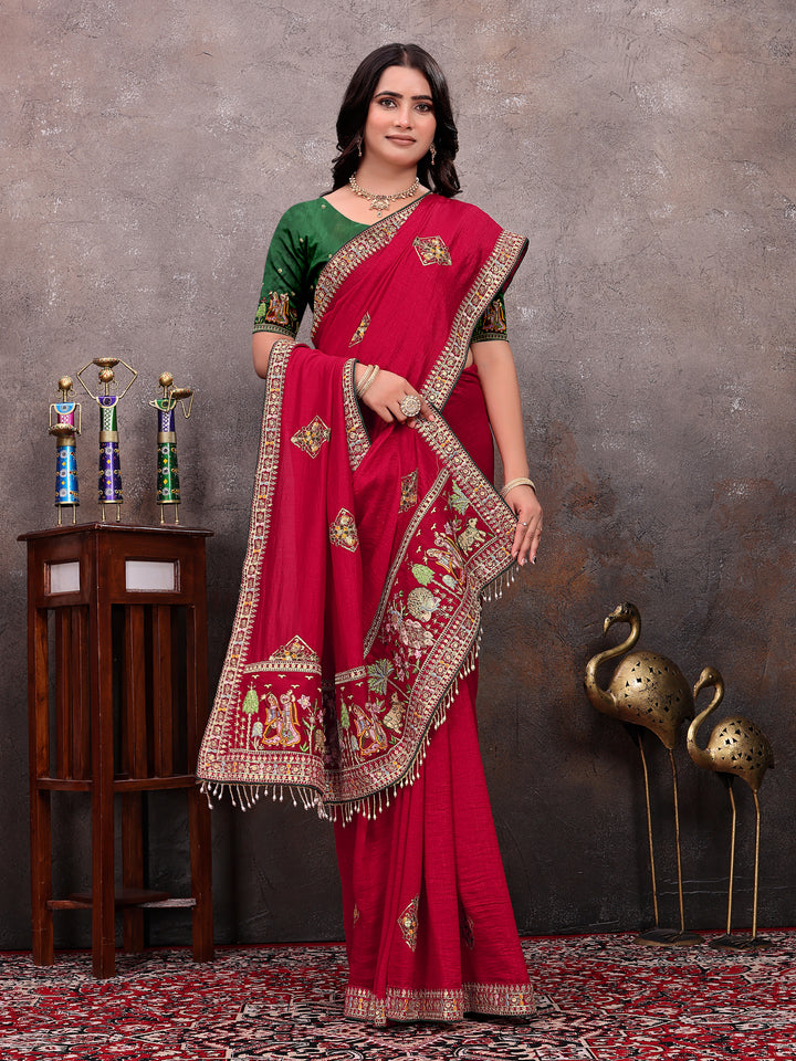 Red Diamond Motif Silk Saree