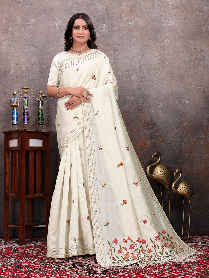 Cream Floral Bird Handwork Saree