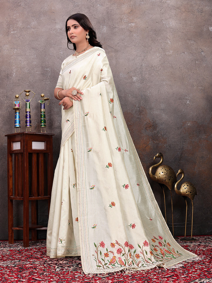 Cream Floral Bird Handwork Saree