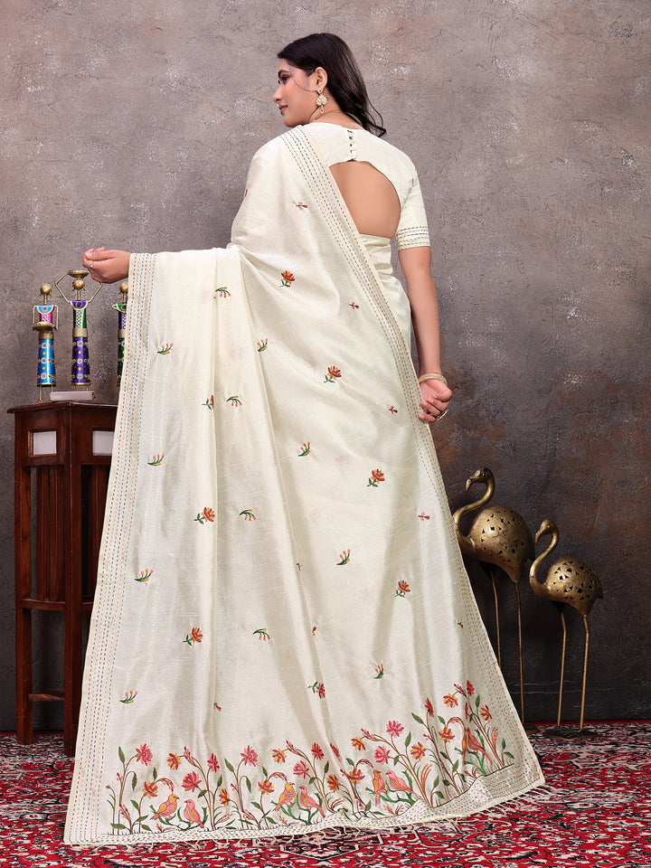 Cream Floral Bird Handwork Saree