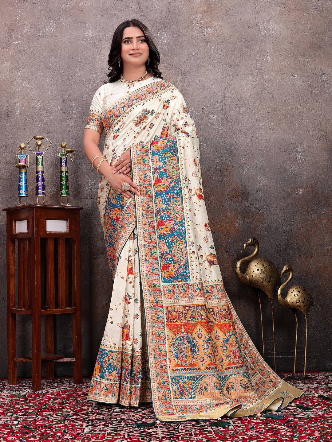 Cream Teal Pichwai Print Saree