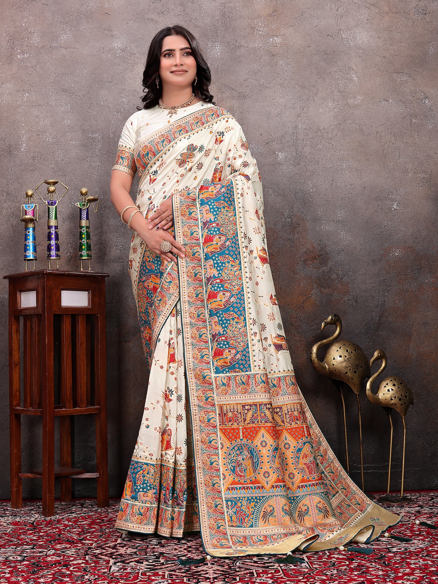 Cream Teal Heritage Pashmina Saree