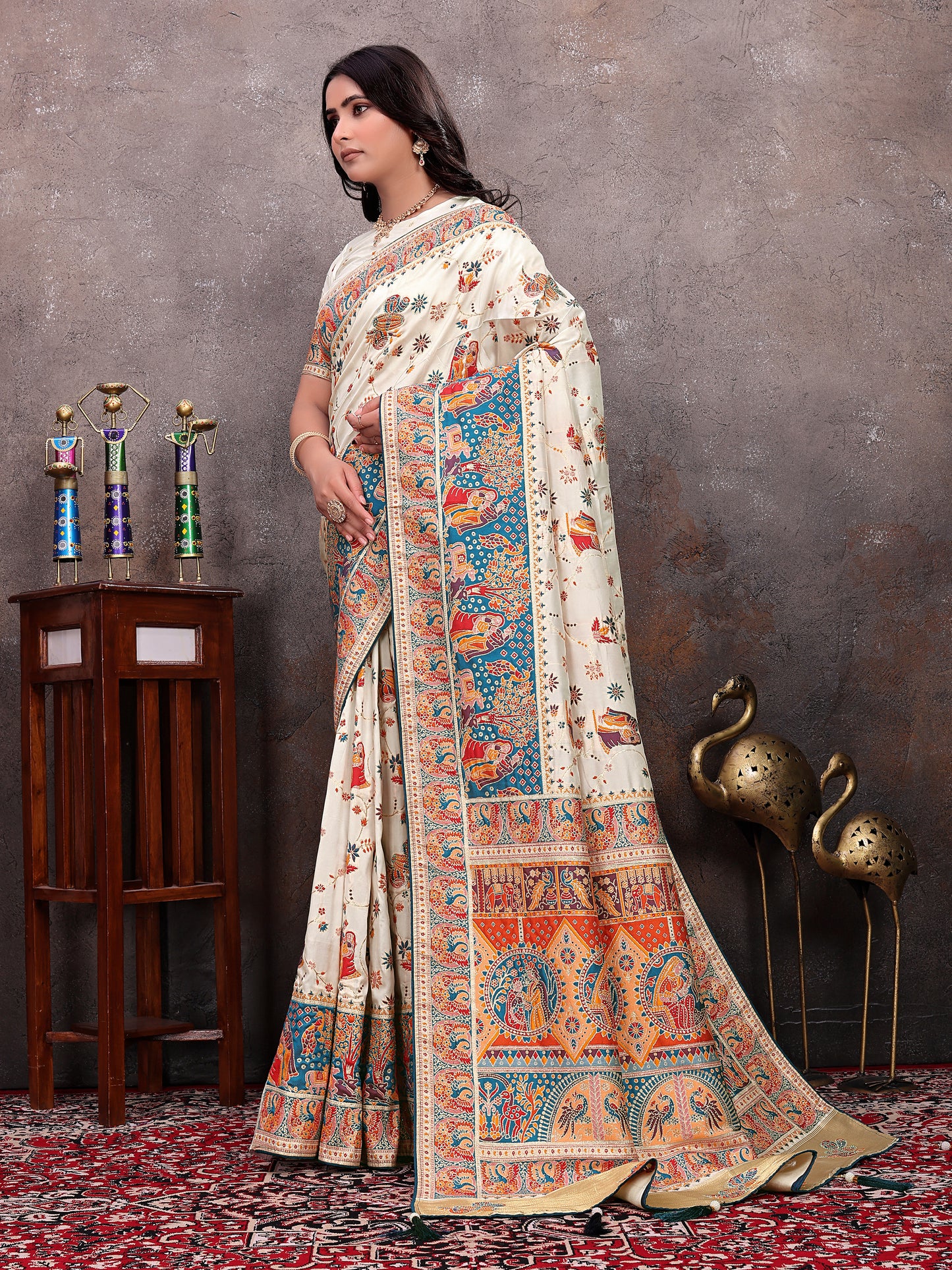Cream Teal Heritage Pashmina Saree