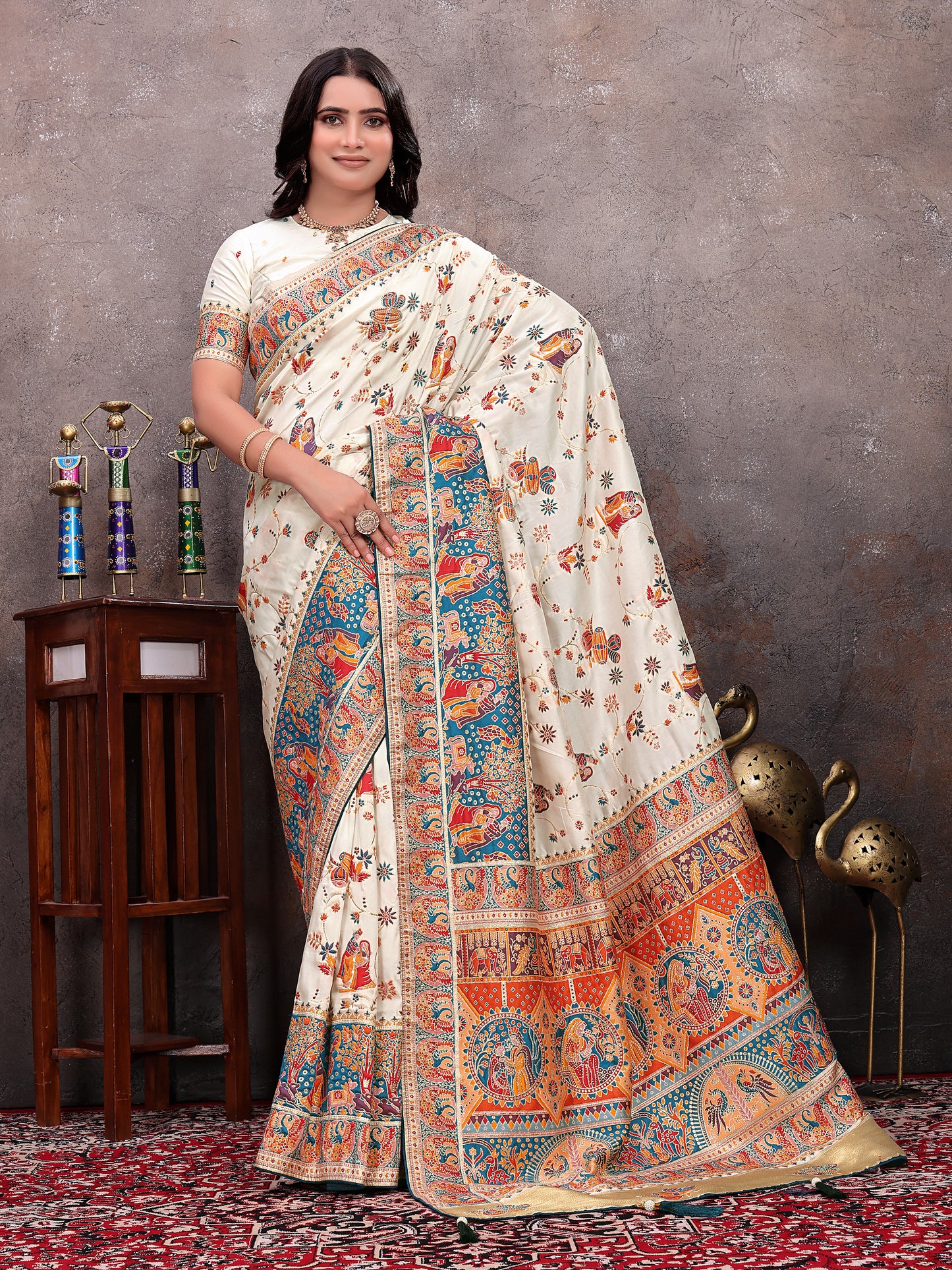 Cream Teal Heritage Pashmina Saree