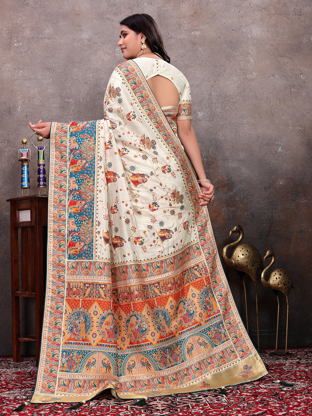 Cream Teal Pichwai Print Saree