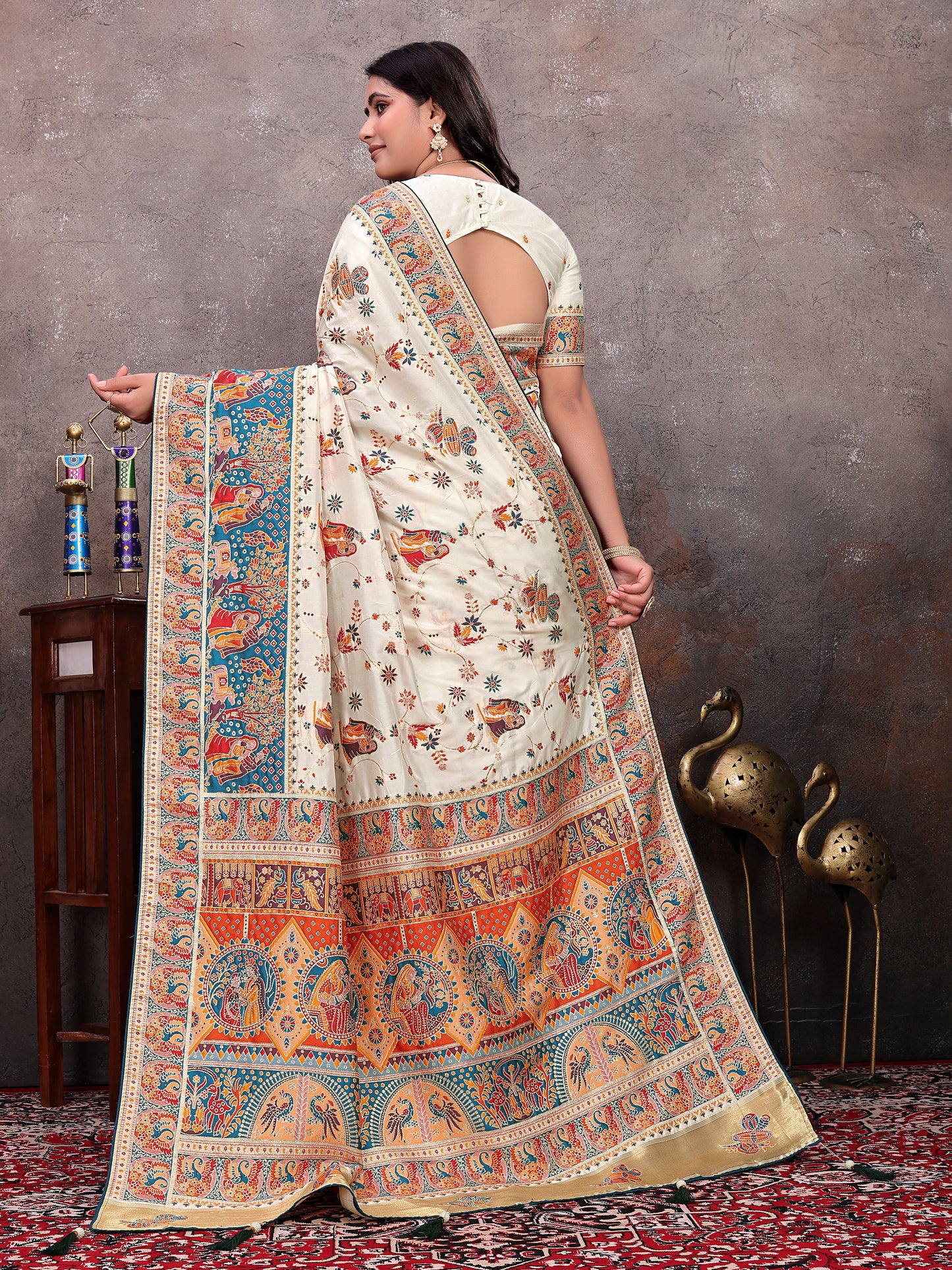 Cream Teal Heritage Pashmina Saree