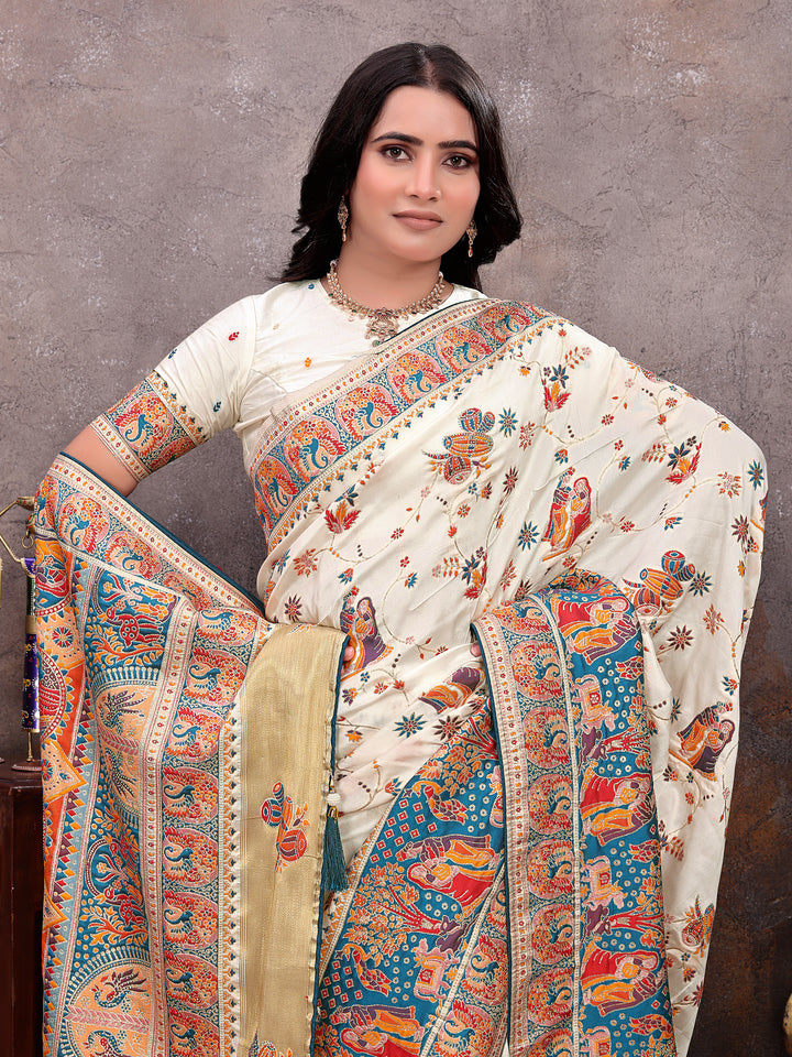 Cream Teal Pichwai Print Saree