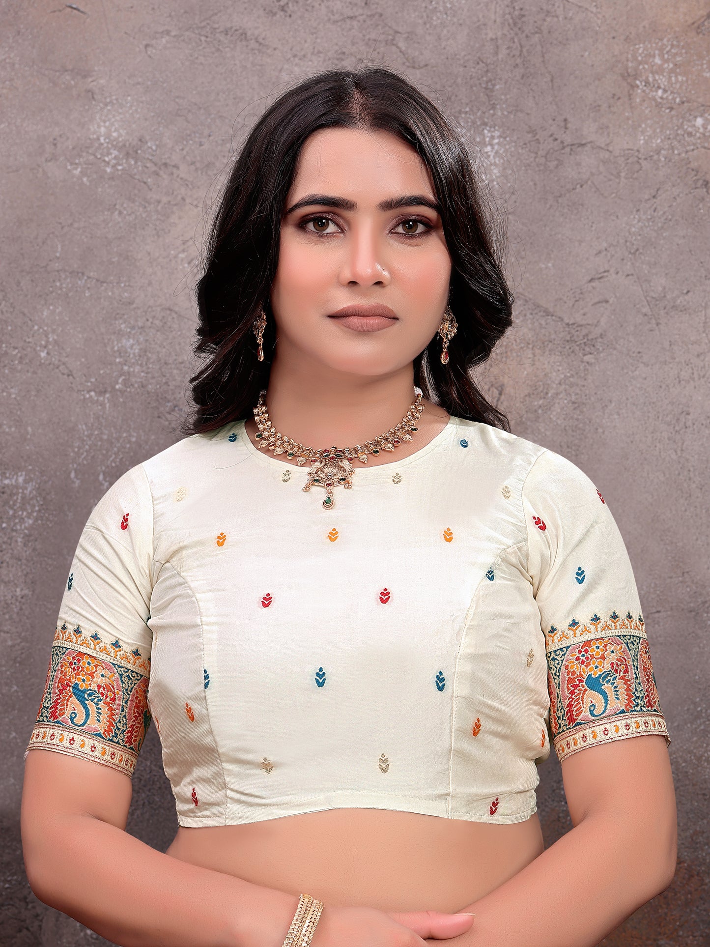 Cream Teal Heritage Pashmina Saree