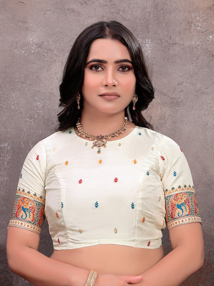 Cream Teal Pichwai Print Saree