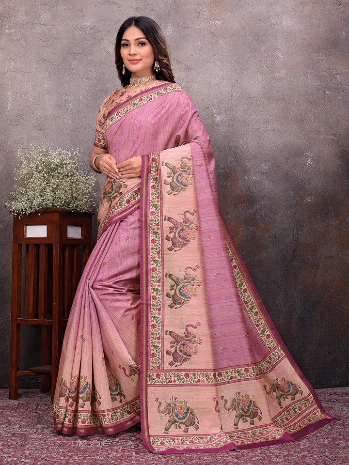 Pink Elephant Print Silk Saree