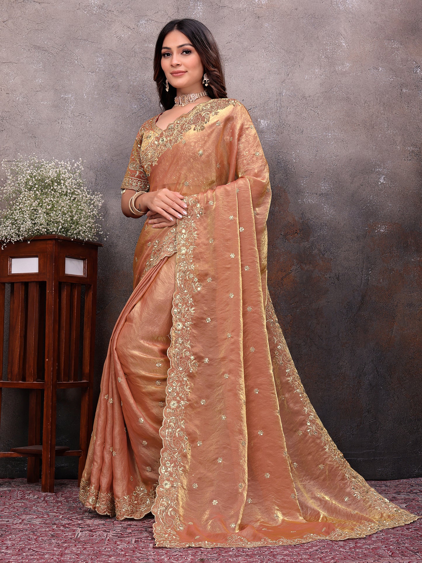 Peach Gold Tissue Embroidered Saree