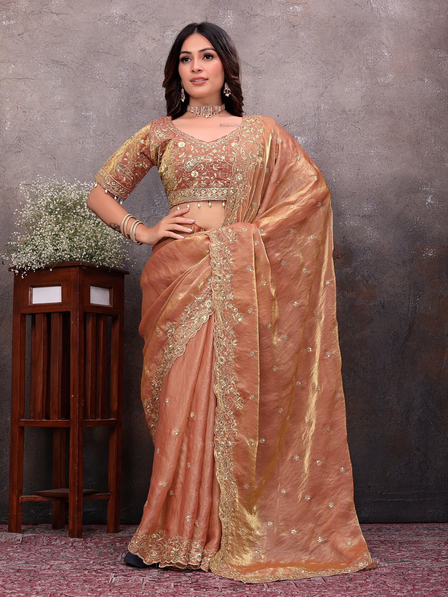Peach Gold Tissue Embroidered Saree