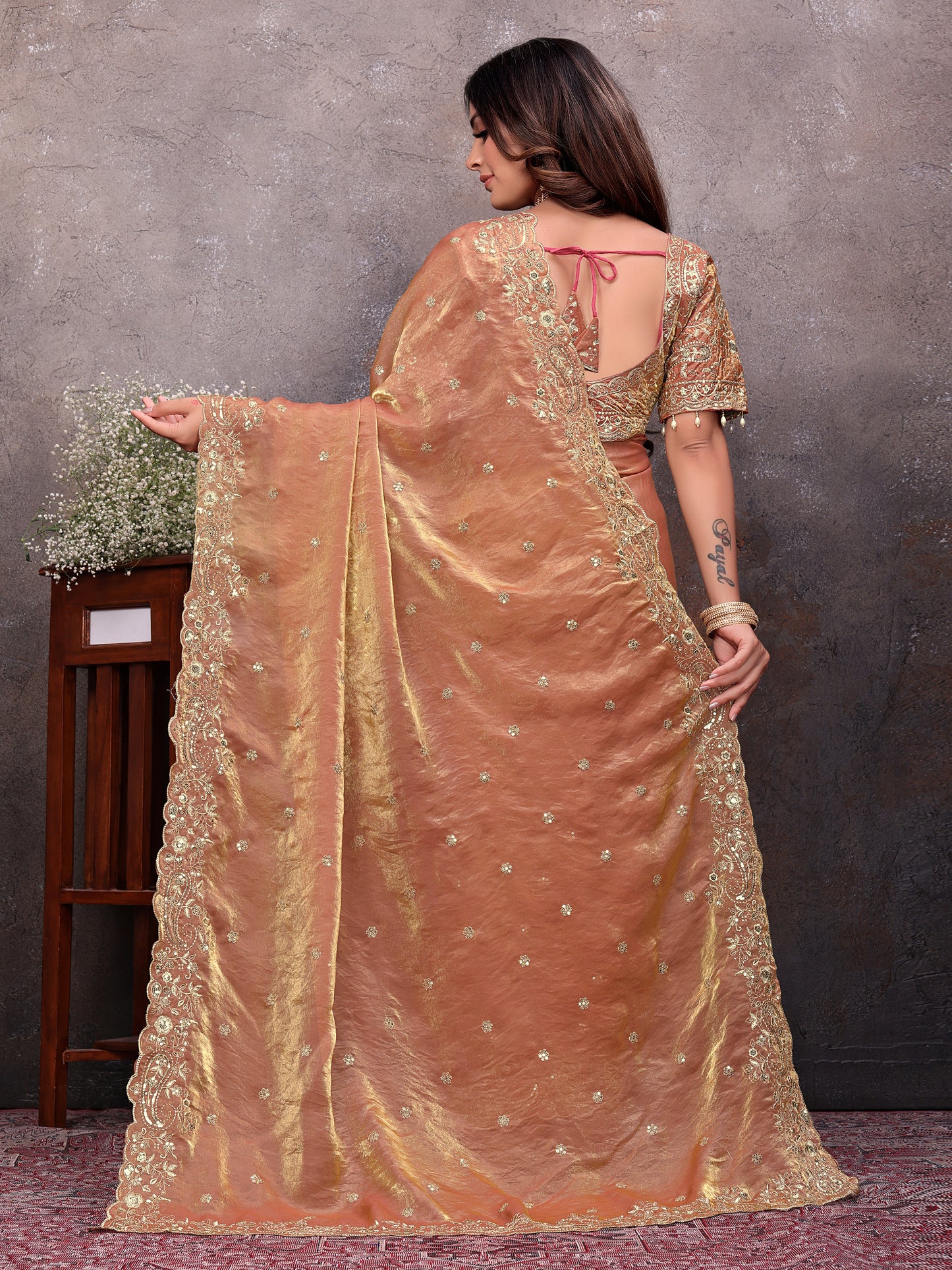 Peach Gold Tissue Embroidered Saree