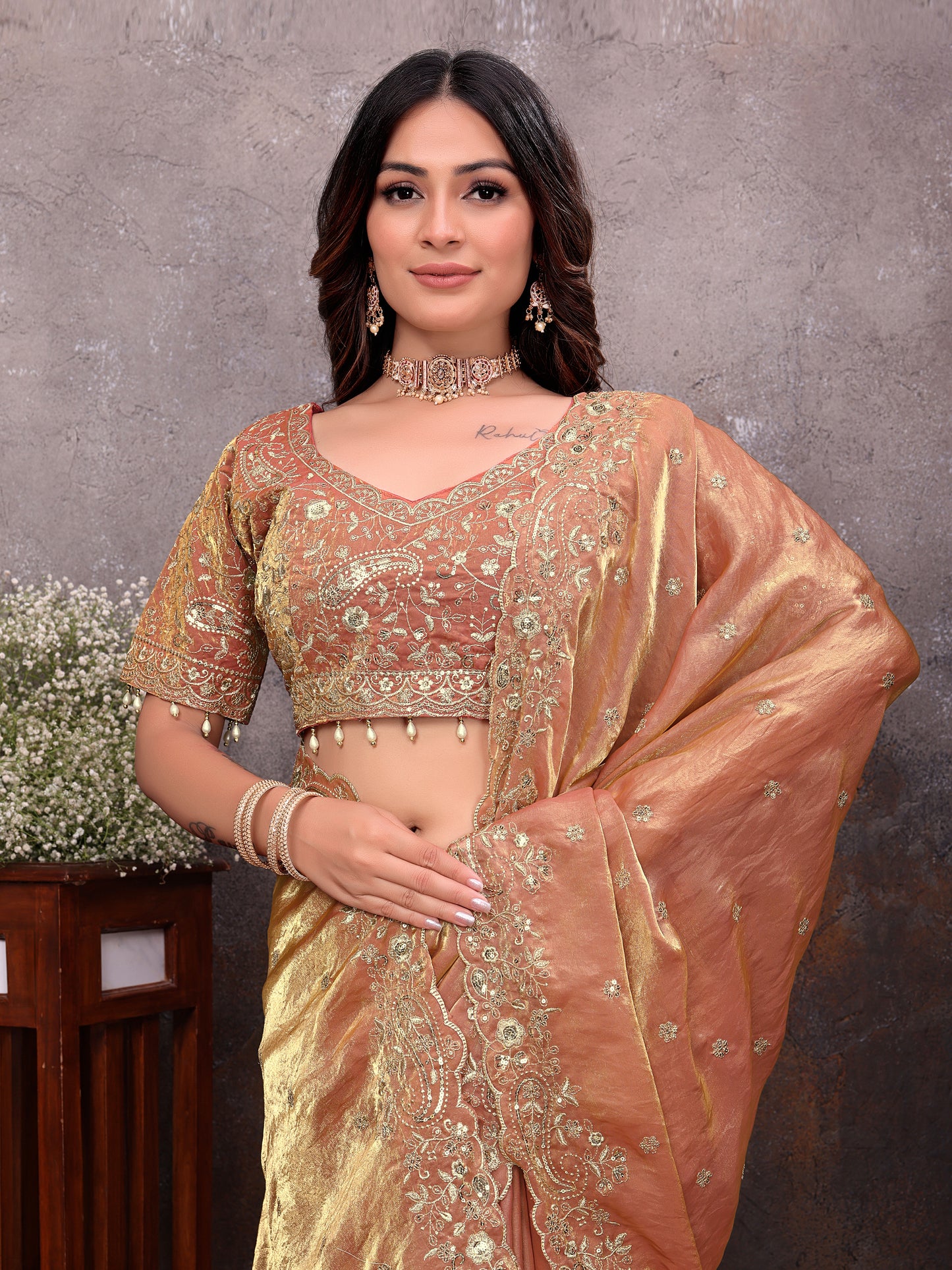 Peach Gold Tissue Embroidered Saree