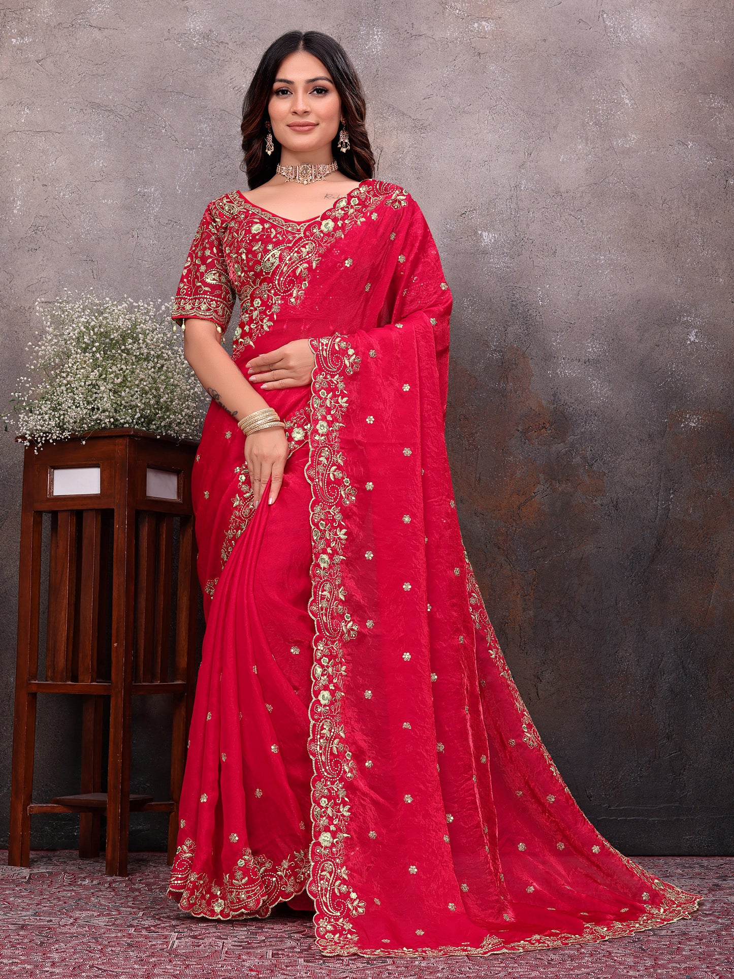 Red Gold Tissue Embroidered Saree