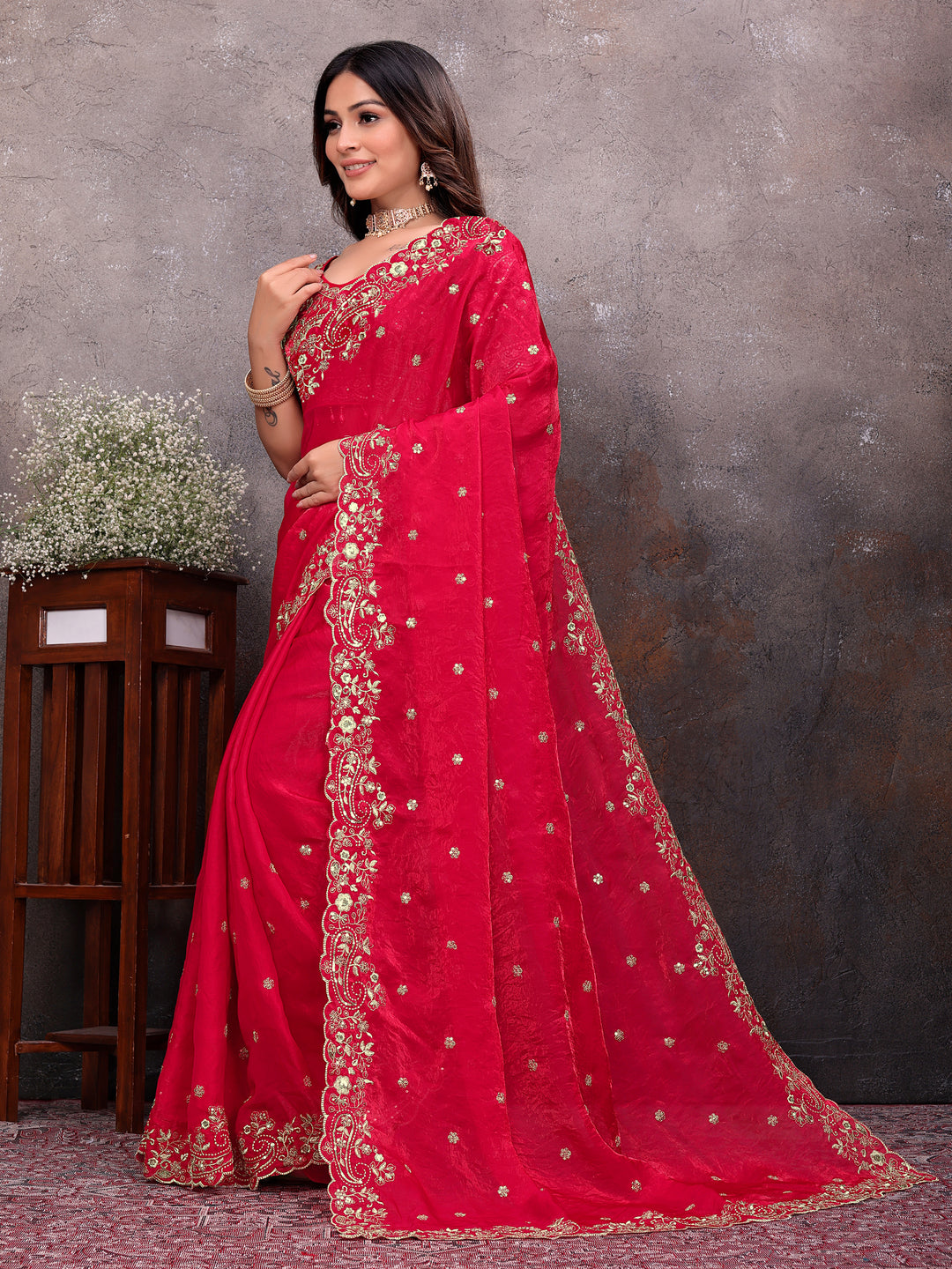 Red Gold Tissue Embroidered Saree