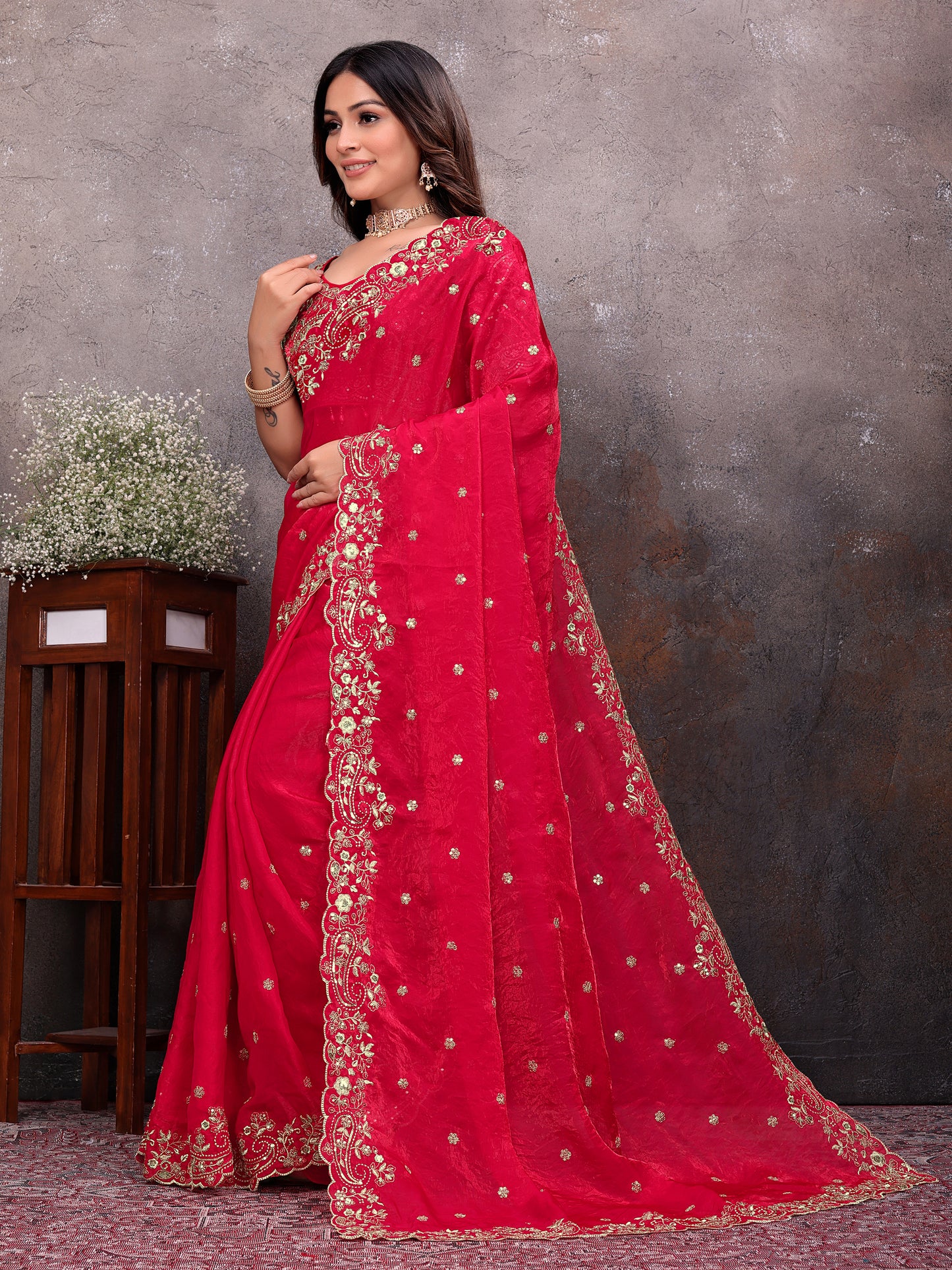 Red Gold Tissue Embroidered Saree