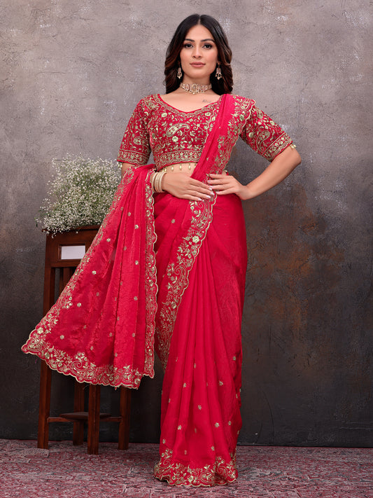 Red Gold Tissue Embroidered Saree