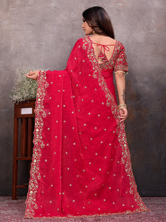 Red Gold Tissue Embroidered Saree