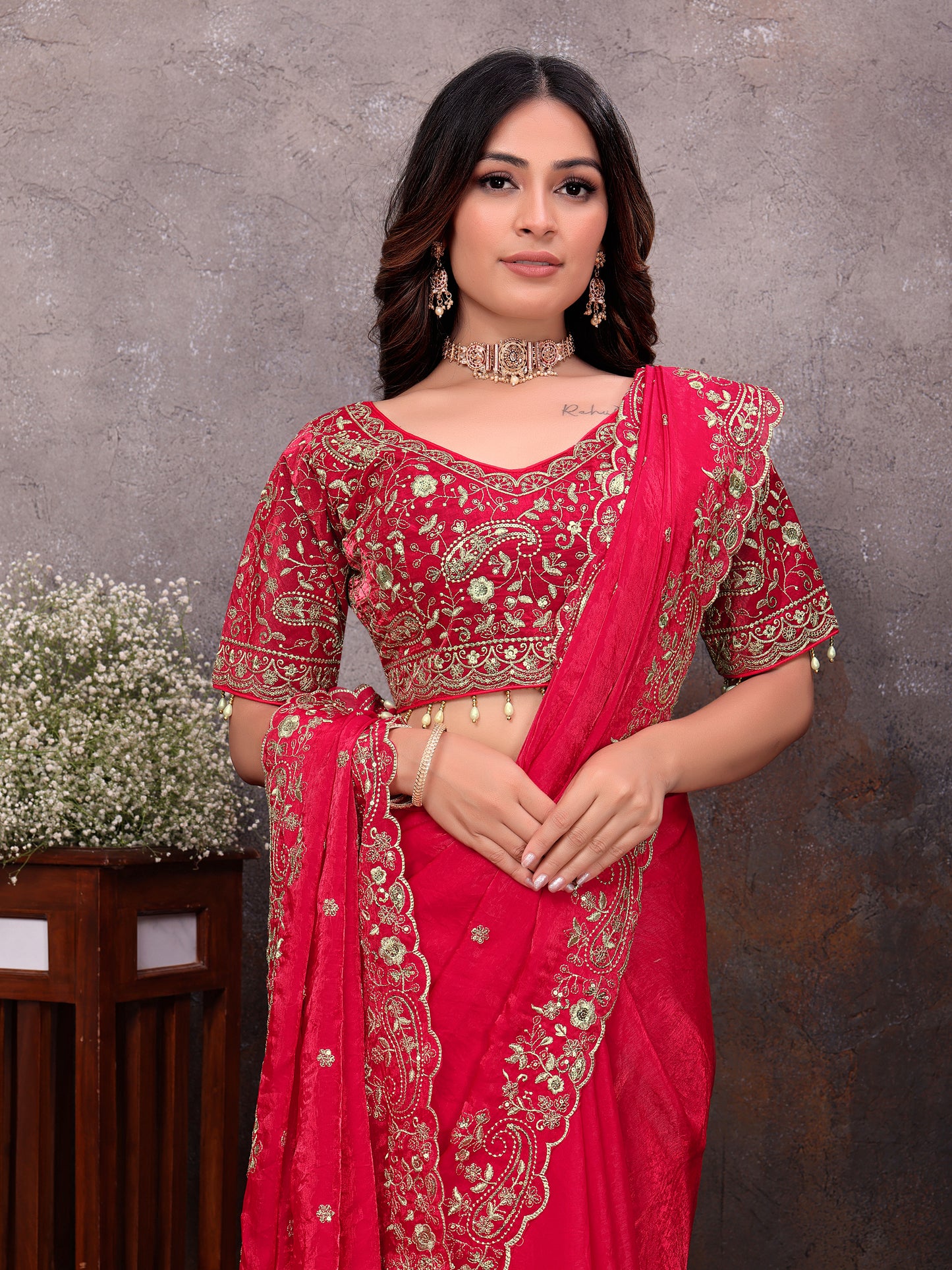 Red Gold Tissue Embroidered Saree