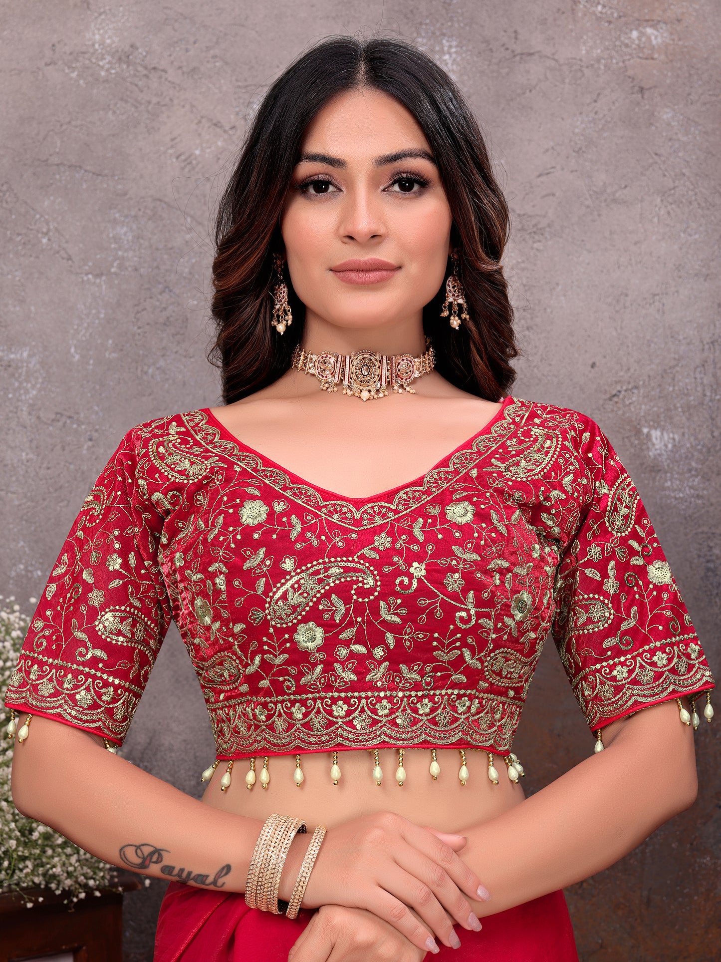 Red Gold Tissue Embroidered Saree