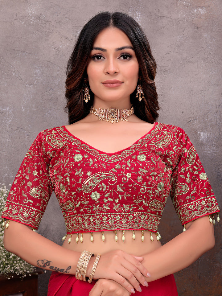 Red Gold Tissue Embroidered Saree
