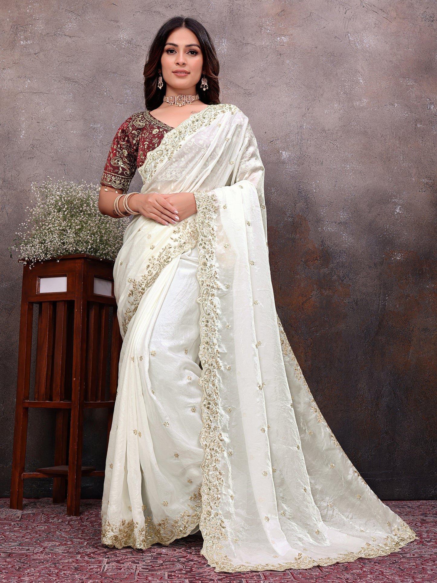 White Gold Tissue Embroidered Saree