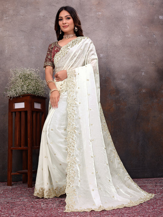 White Gold Tissue Embroidered Saree
